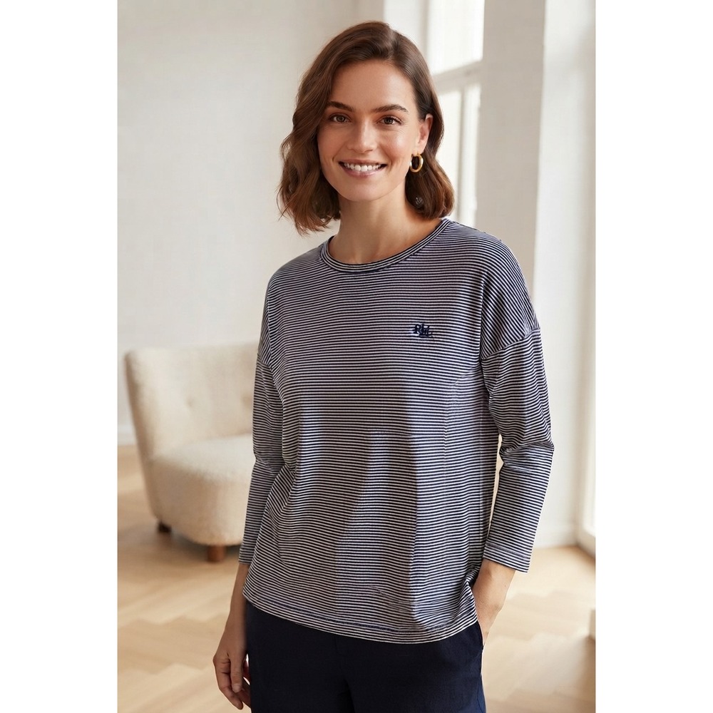Lauren Ralph Lauren Navy White Striped Long Sleeve Top XL RLL Monogram